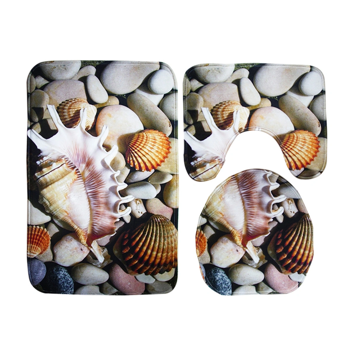 3pcs Conch Pebble Seaside Beach Bathroom Rug Set Non-slip Bath Mat Lid Toilet Cover Rug