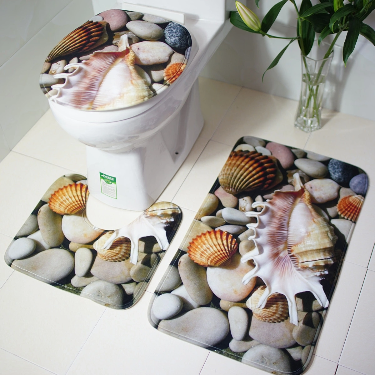 3pcs Conch Pebble Seaside Beach Bathroom Rug Set Non-slip Bath Mat Lid Toilet Cover Rug