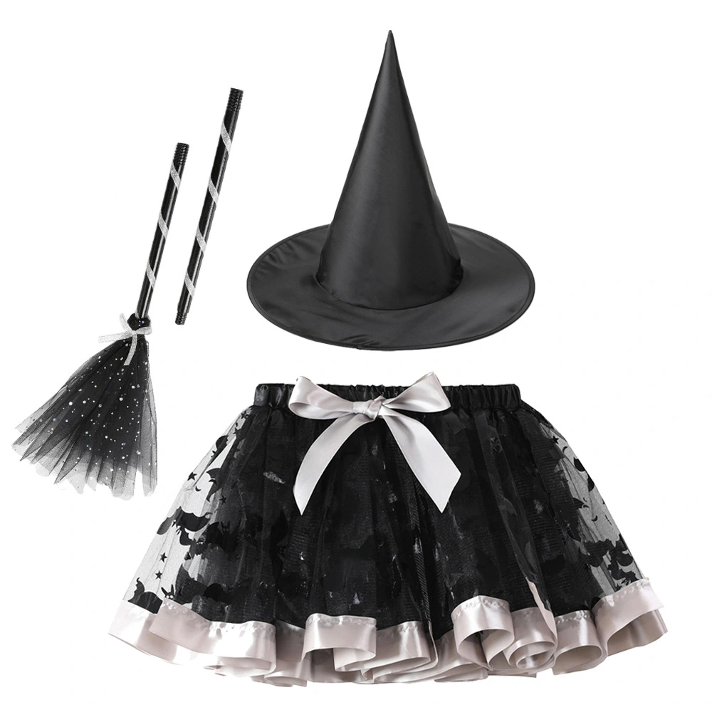 1 Set Halloween Witch Hat Cosplay Witch Broom Prop Tutu Skirt Girl Witch Hat for Party