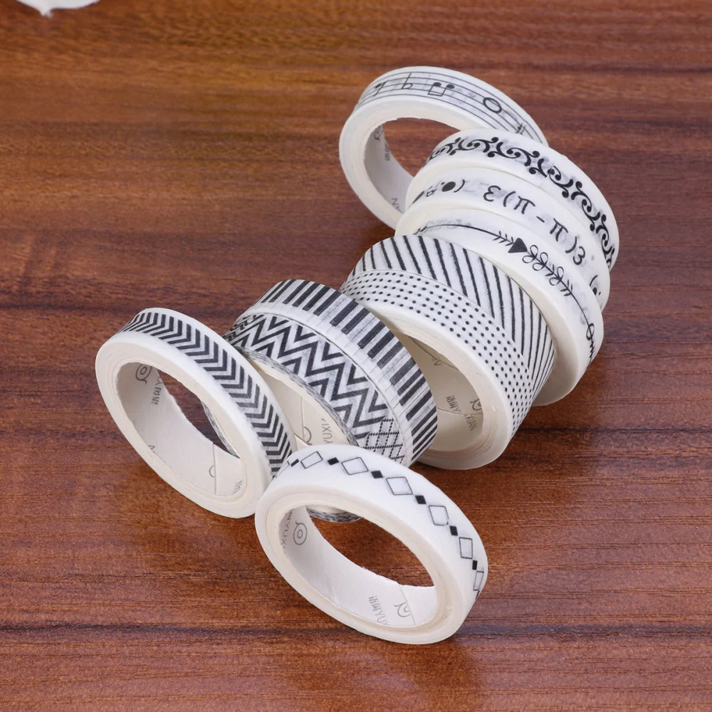 10pcs Colorful Creative Printing Paper Tape DIY Scrapbook Parcel Box Decoration(Black and White)