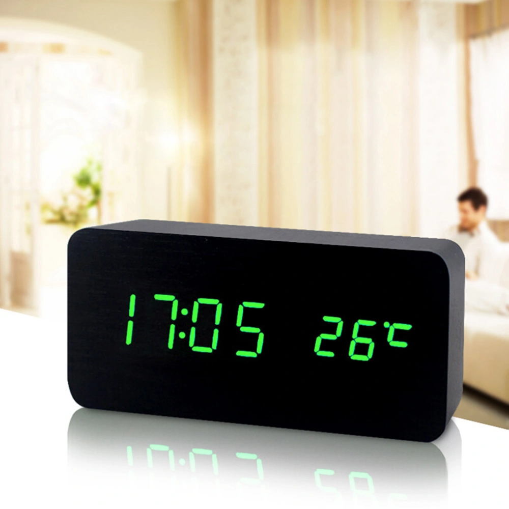 LED Desk Wood Digital Alarm Clock Luminous Silent Clock Time Temperature Adjustable Brightness (Black Wood and Green Display)