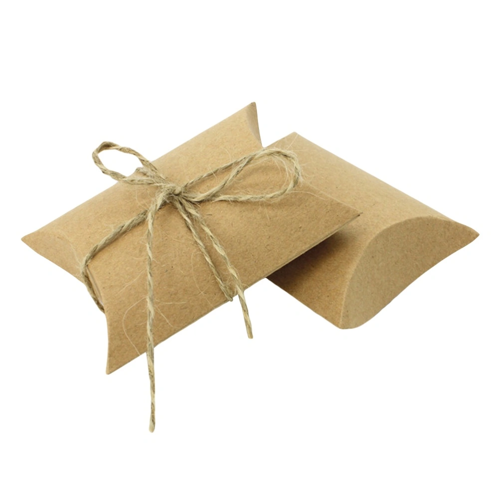 100pcs Pillow Candy Boxes Kraft Paper Candy Gift Boxes Wedding Party Favor (with Hemp Rope)