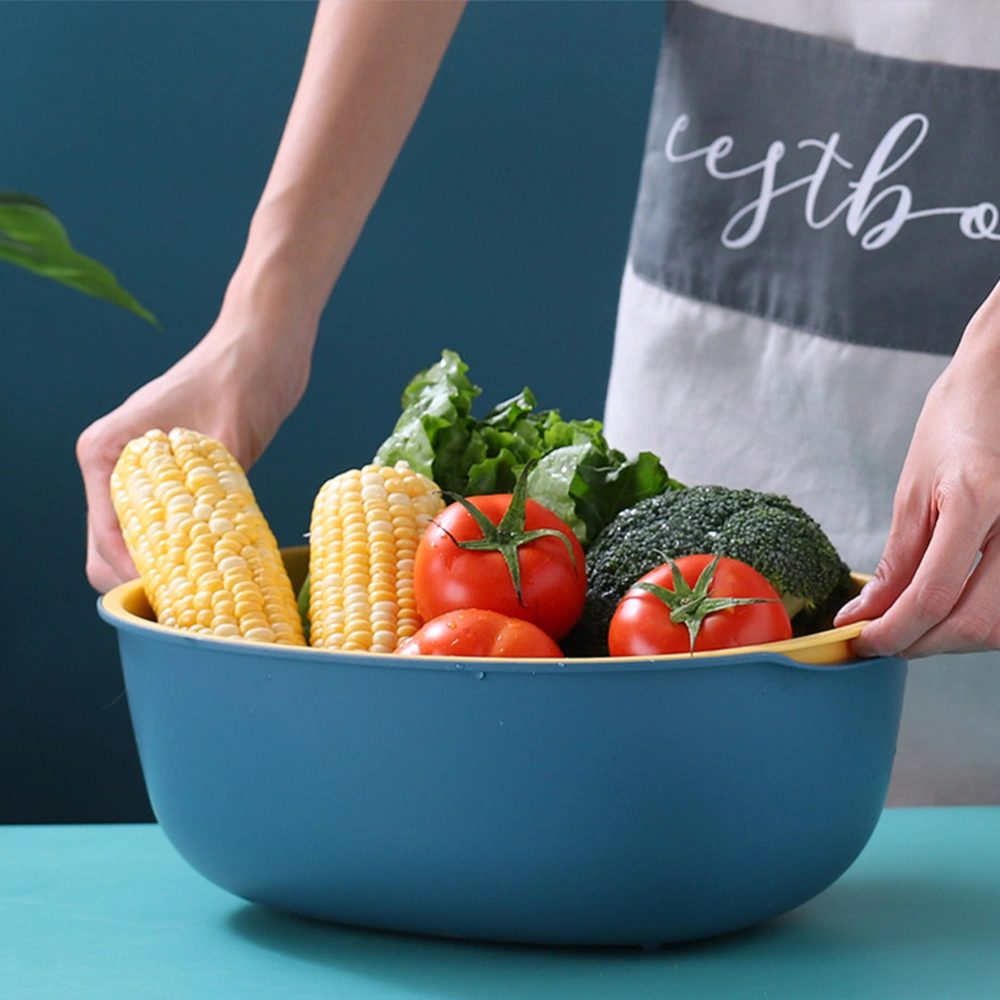 1PC Double-layer Washing Basket Portable Plastic Draining Basket Stylish Fruit Vegetable Basket Kitchen Fruit Storage Basket for Home Use Oval Shape Style Dark Blue+Yellow