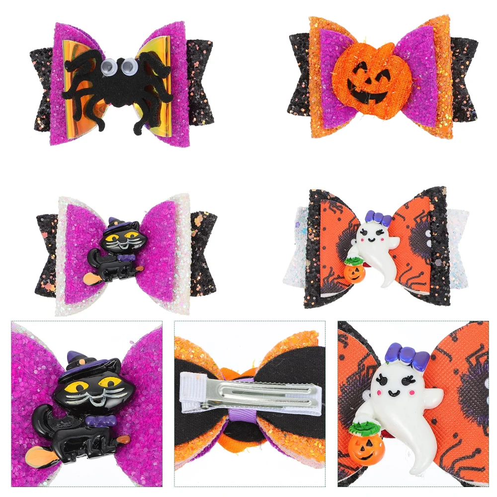 4Pcs Glitter Bow Spider Pumpkin Hairpin Ghost Cat Hair Clips Halloween Barrettes