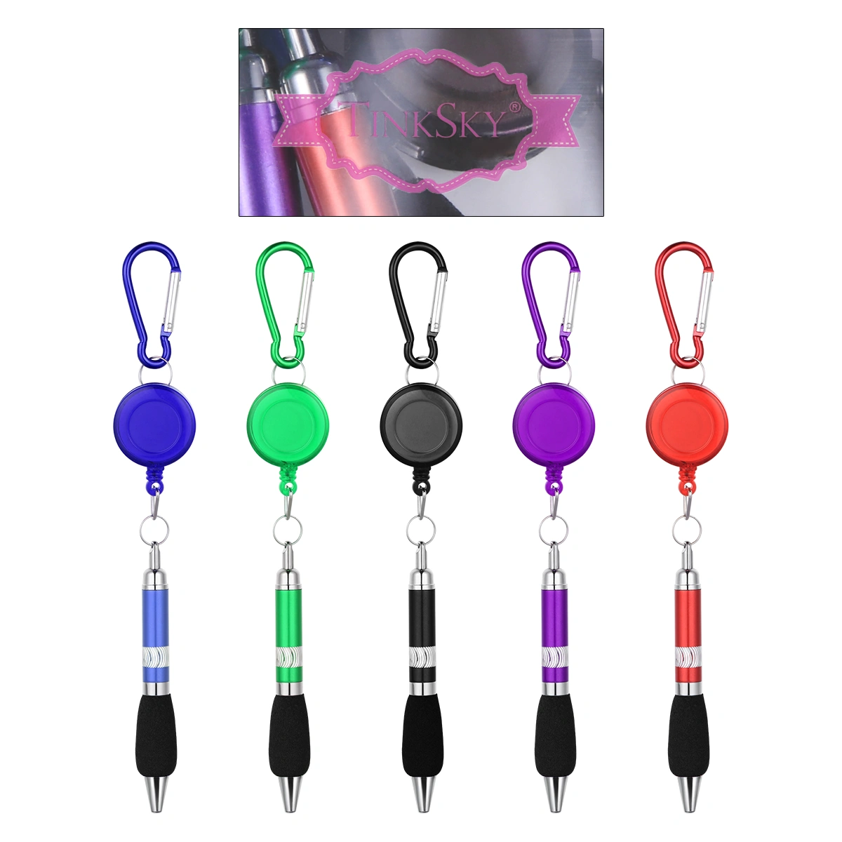 TinkSky 5PCS 3-in-1 Handy Retractable Badge Reel Pen with Belt Clip Keychain and Carabiner (Random Color and Blue Refill)
