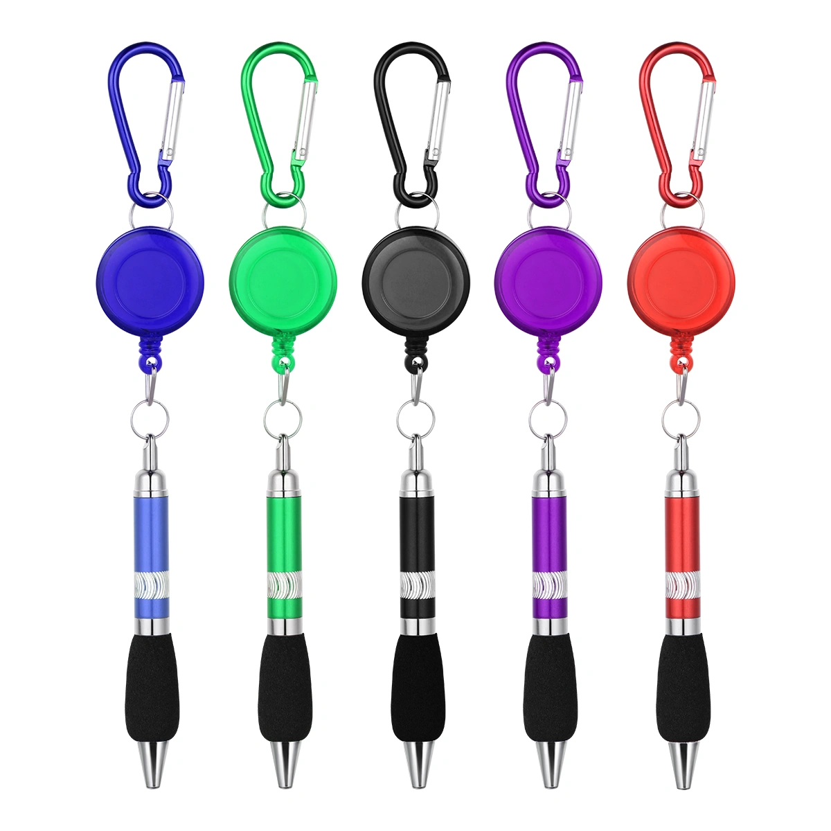 TinkSky 5PCS 3-in-1 Handy Retractable Badge Reel Pen with Belt Clip Keychain and Carabiner (Random Color and Blue Refill)
