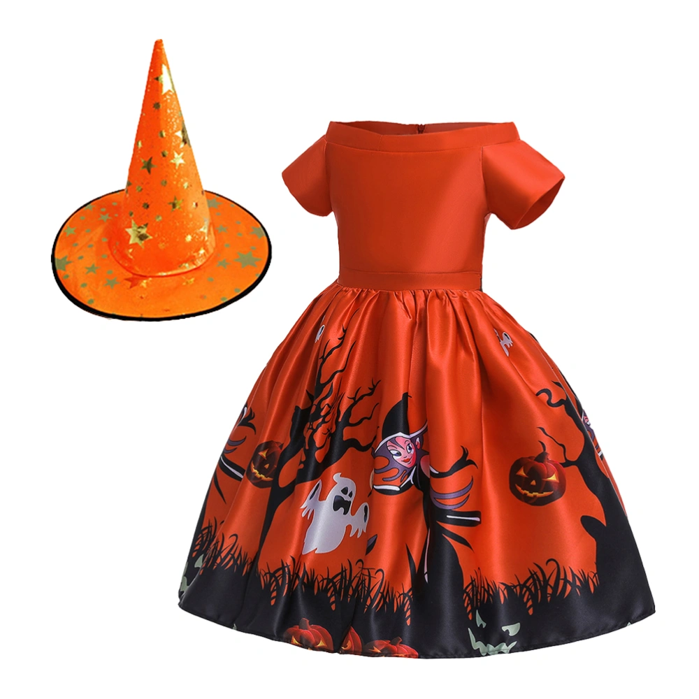 Girls Dresses Halloween Dress Cartoon Halloween Witch Costume Outfit Masquerade Cosplay Dress Set(Orange Red + Orange Witch Hat 150cm)