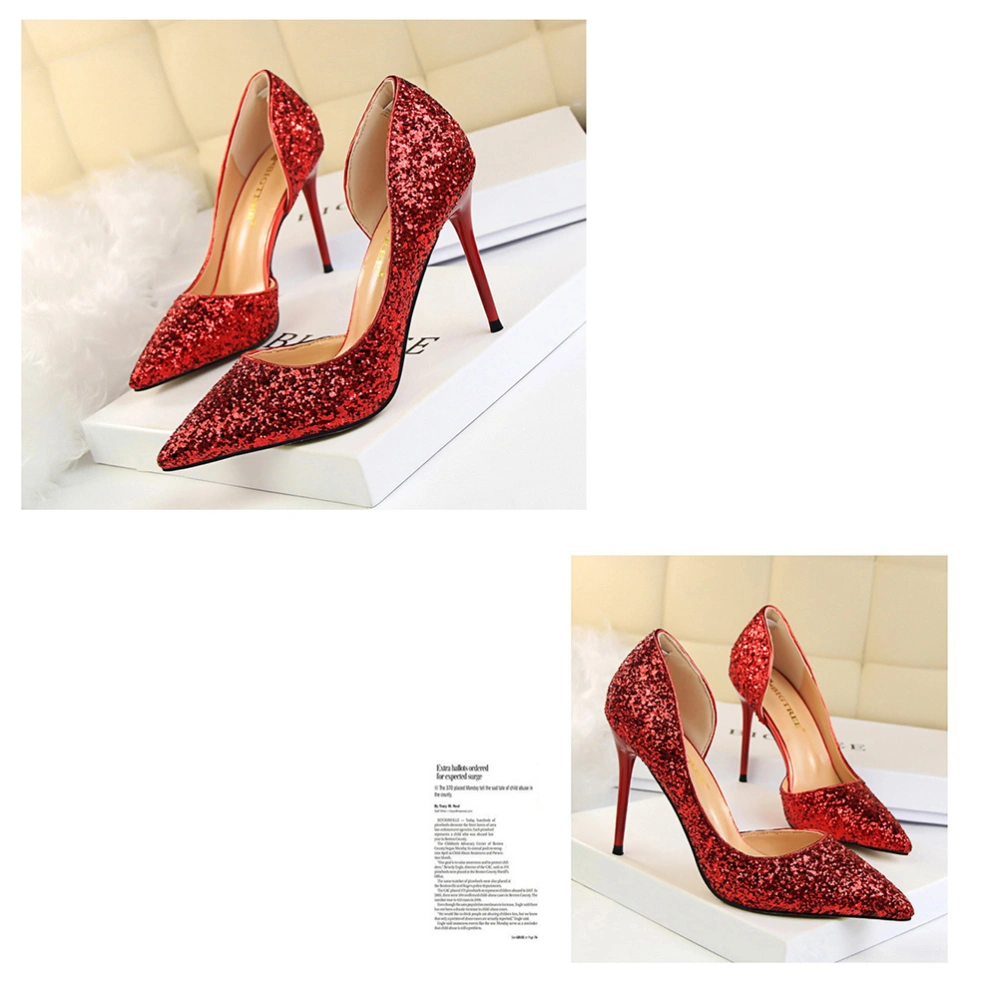 1 Pair Thin High Heel Shoes Elegant Shallow Mouth Pointed Toe Shoes High Heel Sequins Single Shoes Fashion Stiletto Shoes Sexy Female Dress Shoes for Banquet Party Night Club Red Size 42 EU40.5,US9,UK6.5