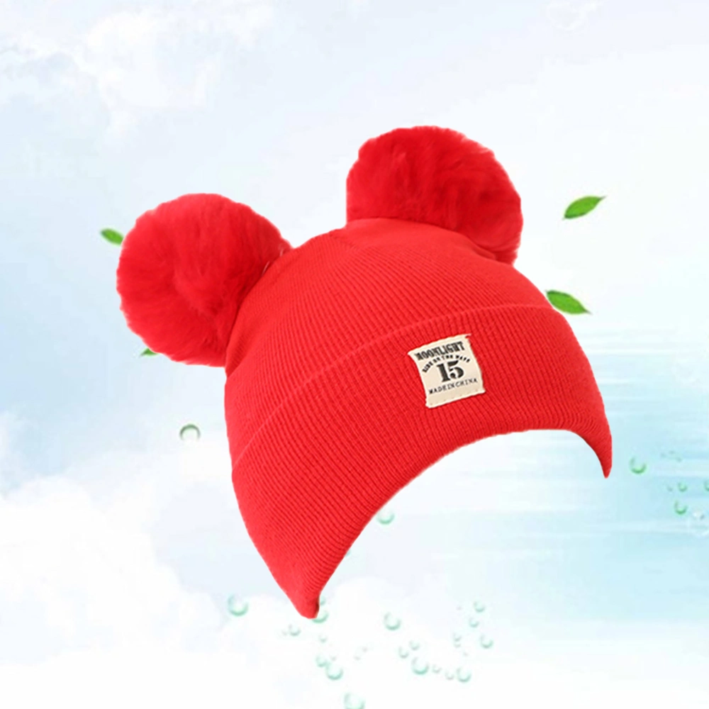 Knitted Warm Double Plush Balls Warm Hat Autumn Winter Headwear for Baby Children Toddler (Red)