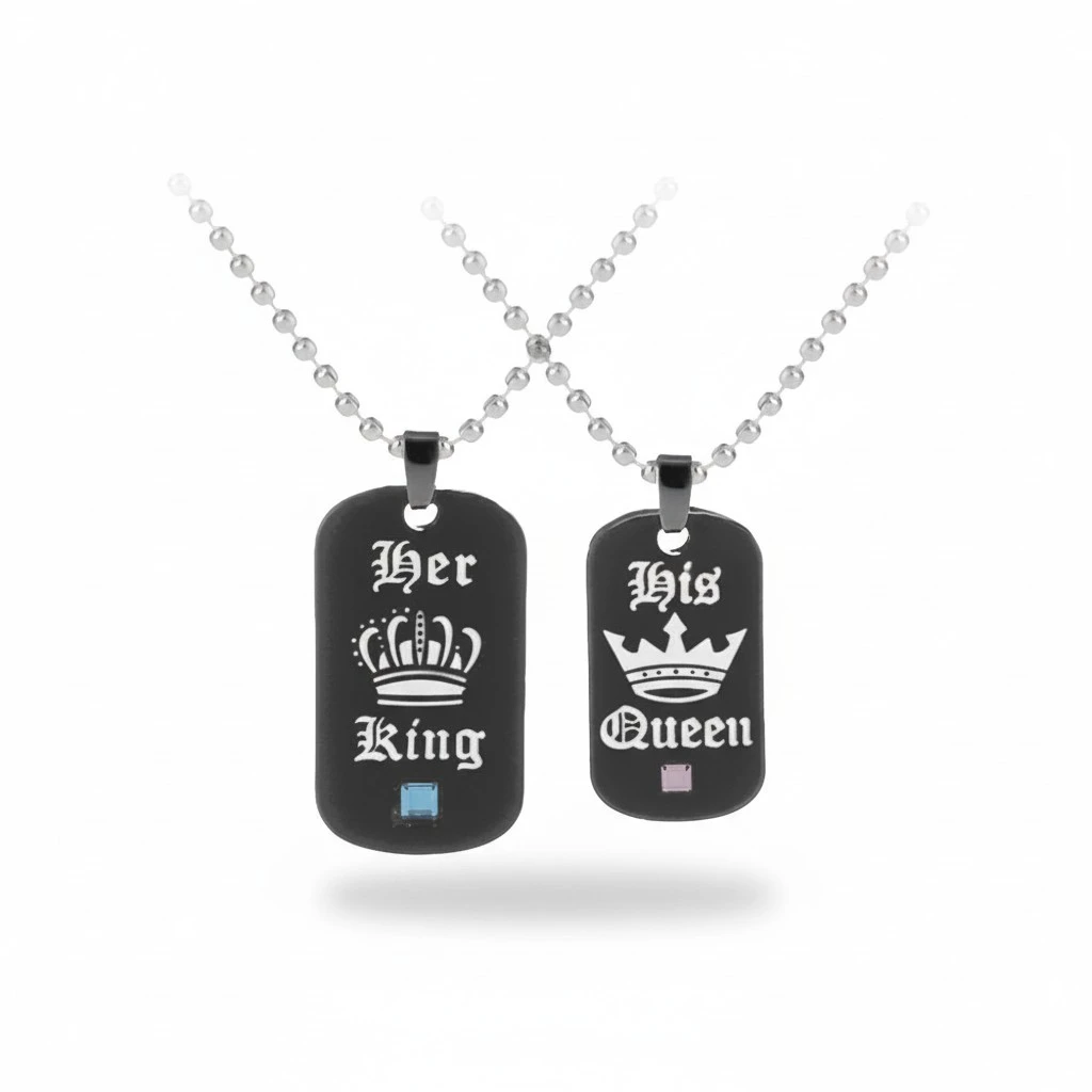 2Pcs Fashionable Simple Couple Necklaces Crown Tag Queen King Necklaces Pendant Matching Set Lover Gift Couple Pendant Necklace -Pink and Blue (XL2136+6XL2136)