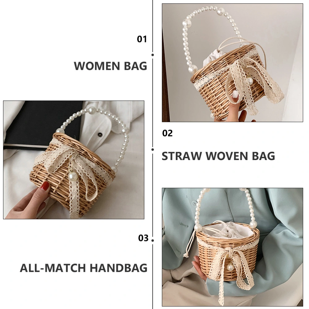 Woman Straw Bucket Small Summer Rattan Beach Handbag Holiday Portable Bag