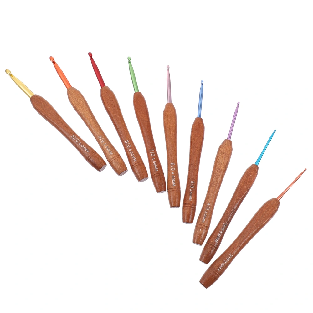 9Pcs  Wooden Handle Crochet Hooks Sweater Knitting Needles Aluminum Crochet Needles