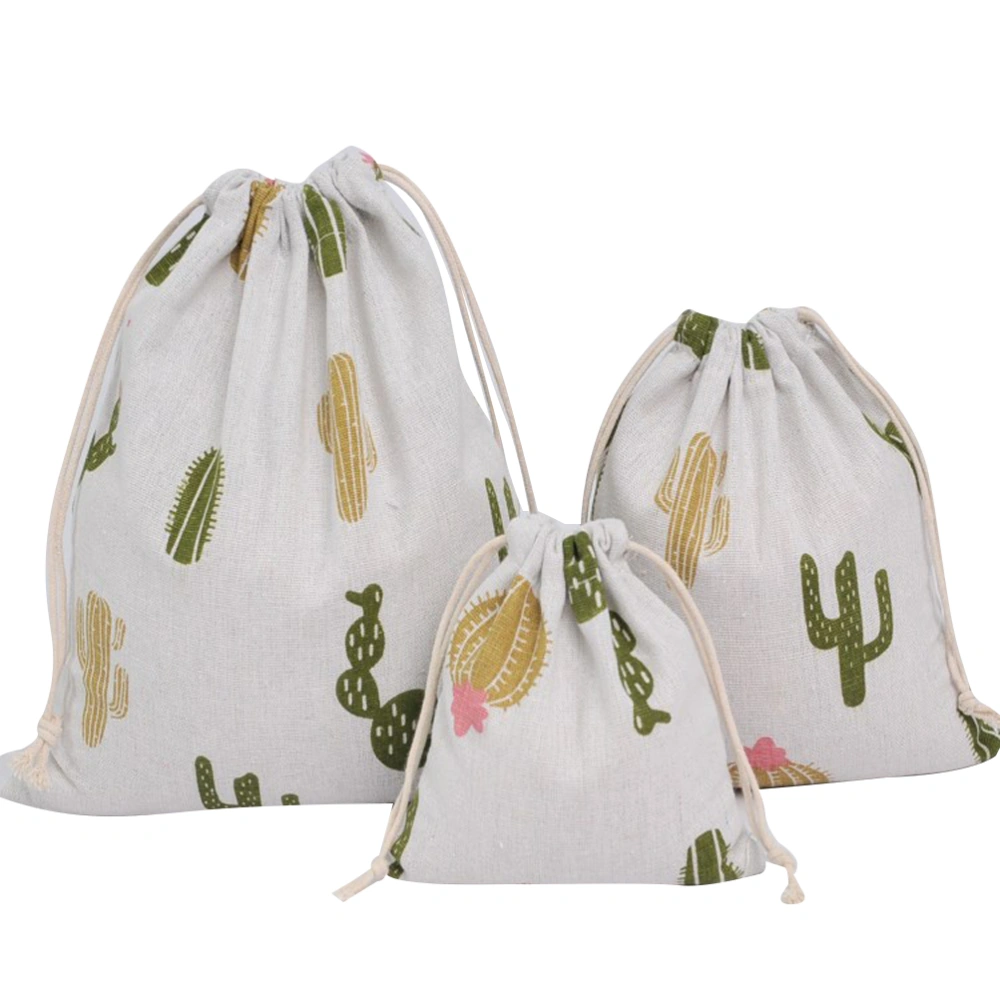 3pcs Cotton Drawstring Bag Cactus Printing Storage Bag for Candies Jewelry Sundries (Cactus Printing Pattern)