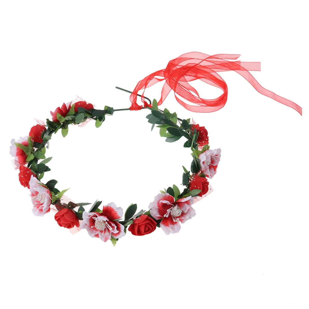 Women Bohemia Floral Hairband Hair Wreath Floral Garland Crown Headpiece for Wedding Party (Red)