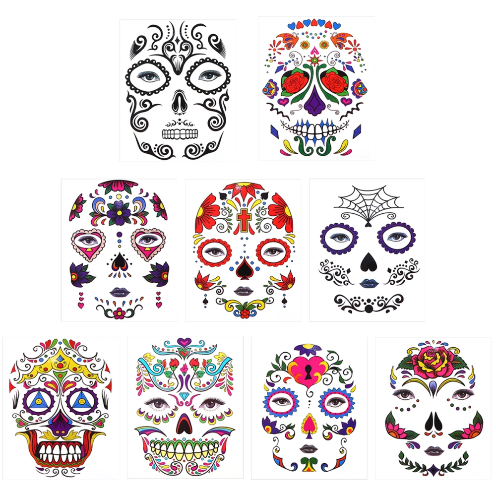 9Pcs Halloween Temporary Face Tattoos Skull Floral Temporary Tattoos Sticker