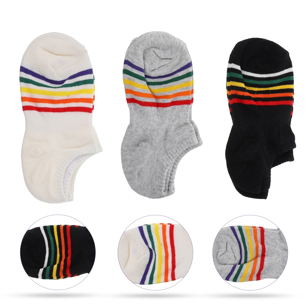 3 Pairs Women Boat Socks Rainbow Strip Cotton Socks Shallow Mouth Sports Socks