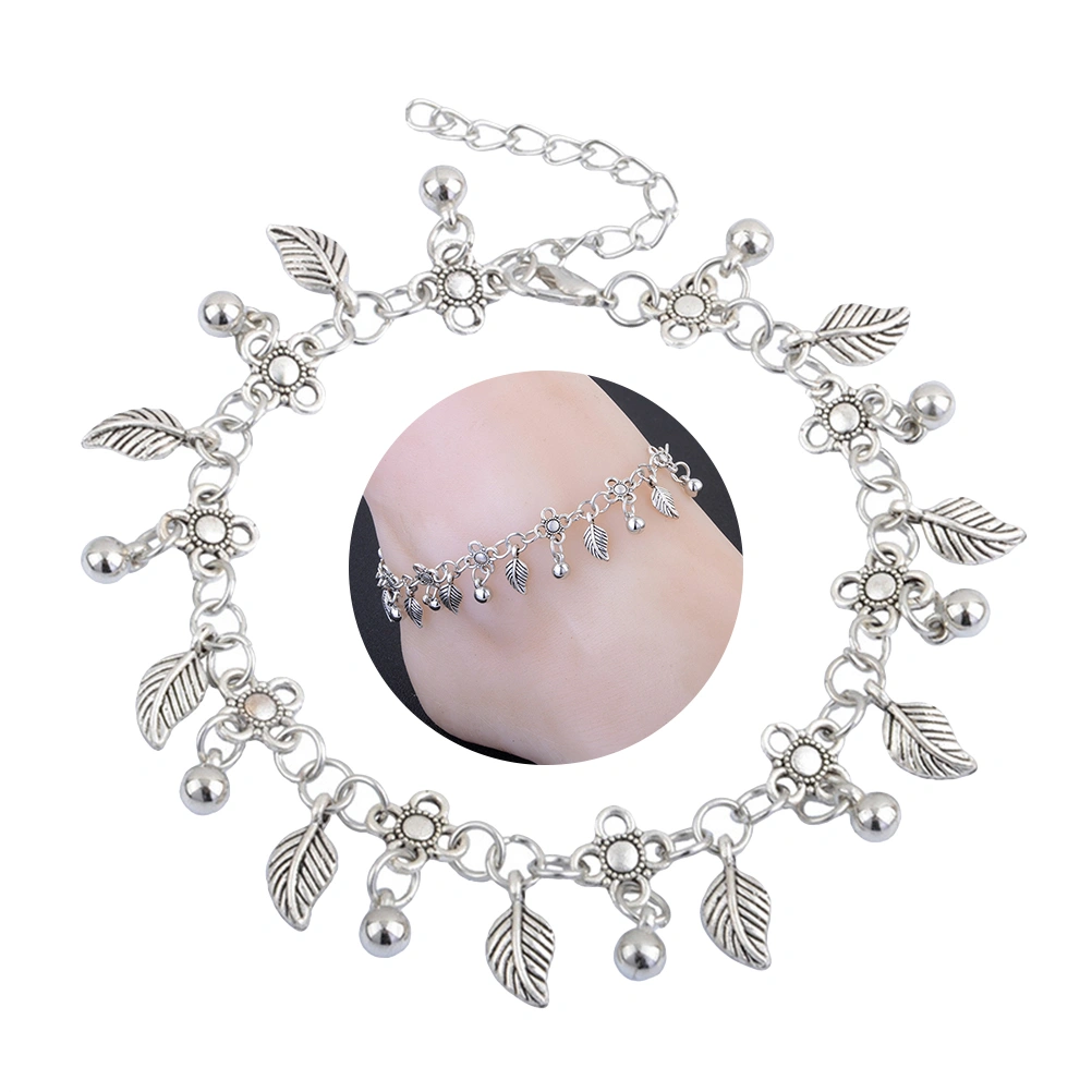 Bohemian Retro Fashion Small Water Droplets Tassel Leaf Foot Chain Lady Summer Trend Beach Foot Jewelry (Silver)