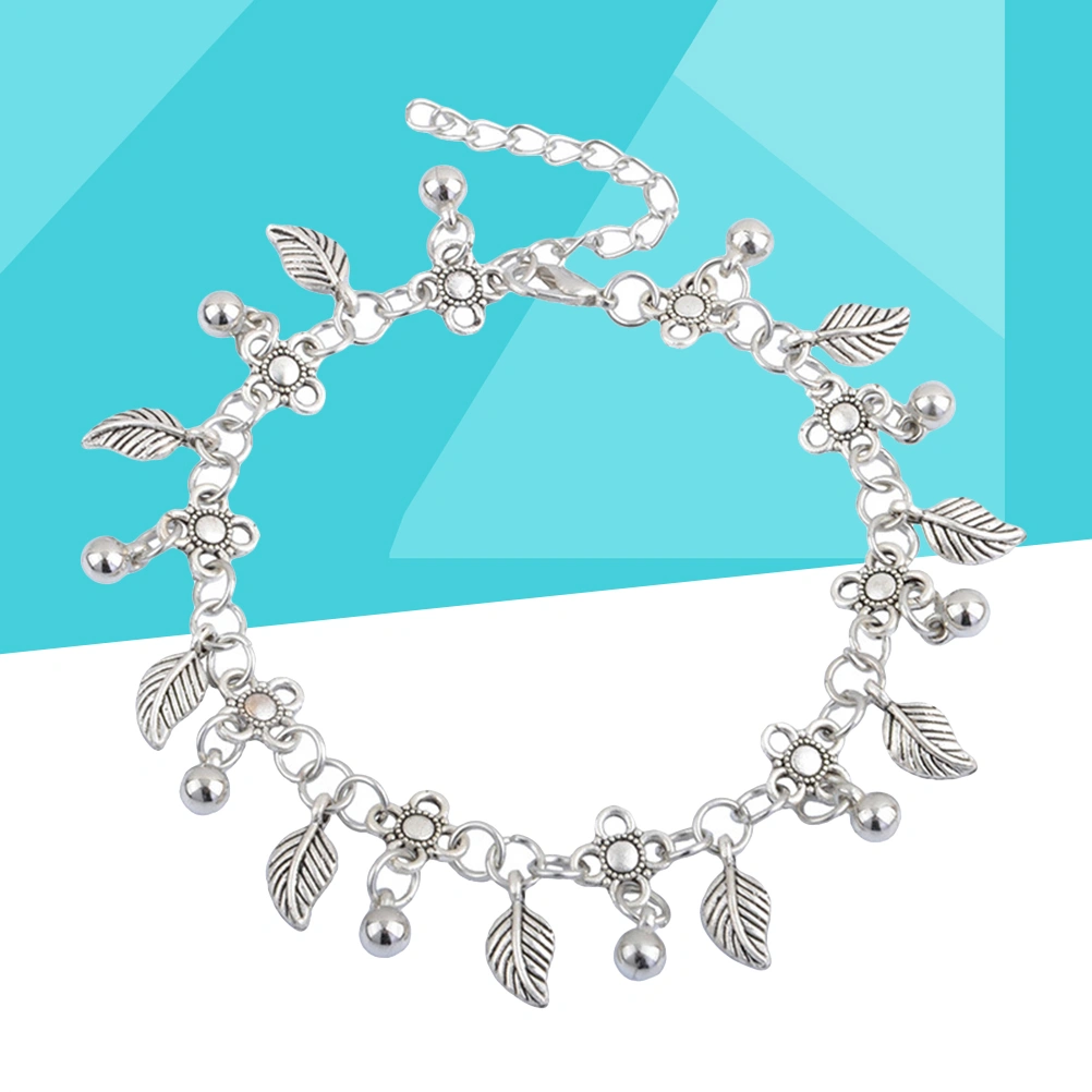 Bohemian Retro Fashion Small Water Droplets Tassel Leaf Foot Chain Lady Summer Trend Beach Foot Jewelry (Silver)