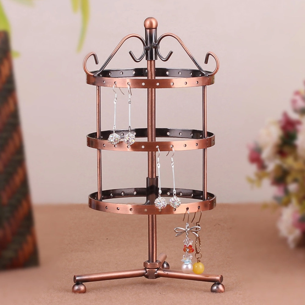 3-Tier 72 Holes Round Shaped Rotating Earrings Jewelry Metal Display Stand Rack Holder - Size S (Bronze)