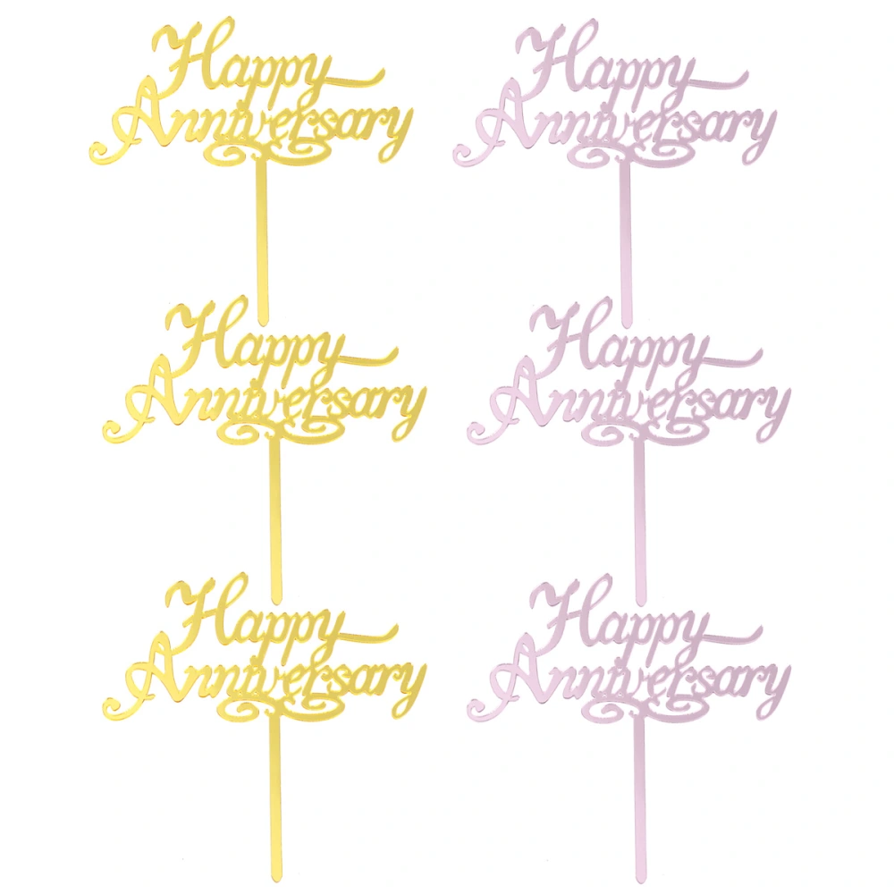 6pcs Wedding Anniversary Cake Topper Acrylic Cake Topper Happy Anniversary Birthday Cake Topper Cake Ornament Adornment (Golden + Pink for Each 3pcs)