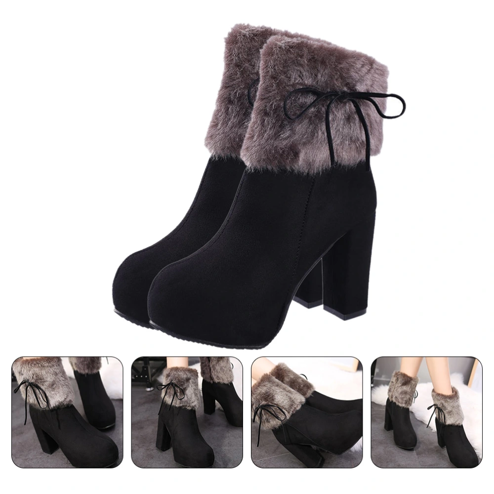 1Pair Chunky Heel Plush Boots Retro Winter High-heeled Boots Women Shoes