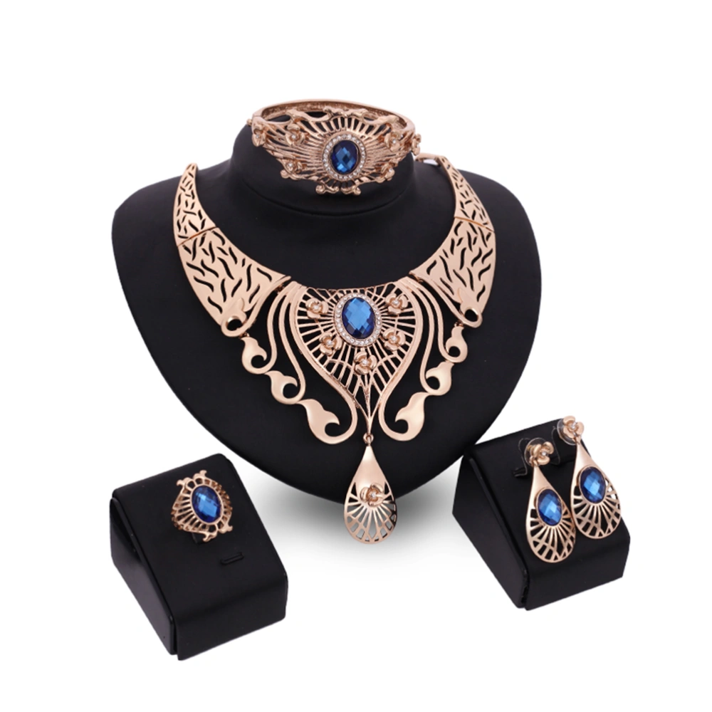 Four-piece Jewelry Suit Crystal Rhinestone Diamond Necklace Earing Bracelet Ring Set (Royalblue)