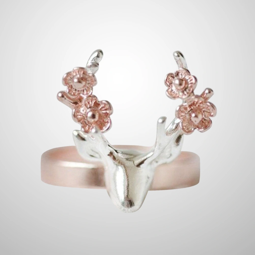 Deer Antler Ring Vintage Finger Ring Flower Rose Gold Rings Christmas Gift for Women (#9)