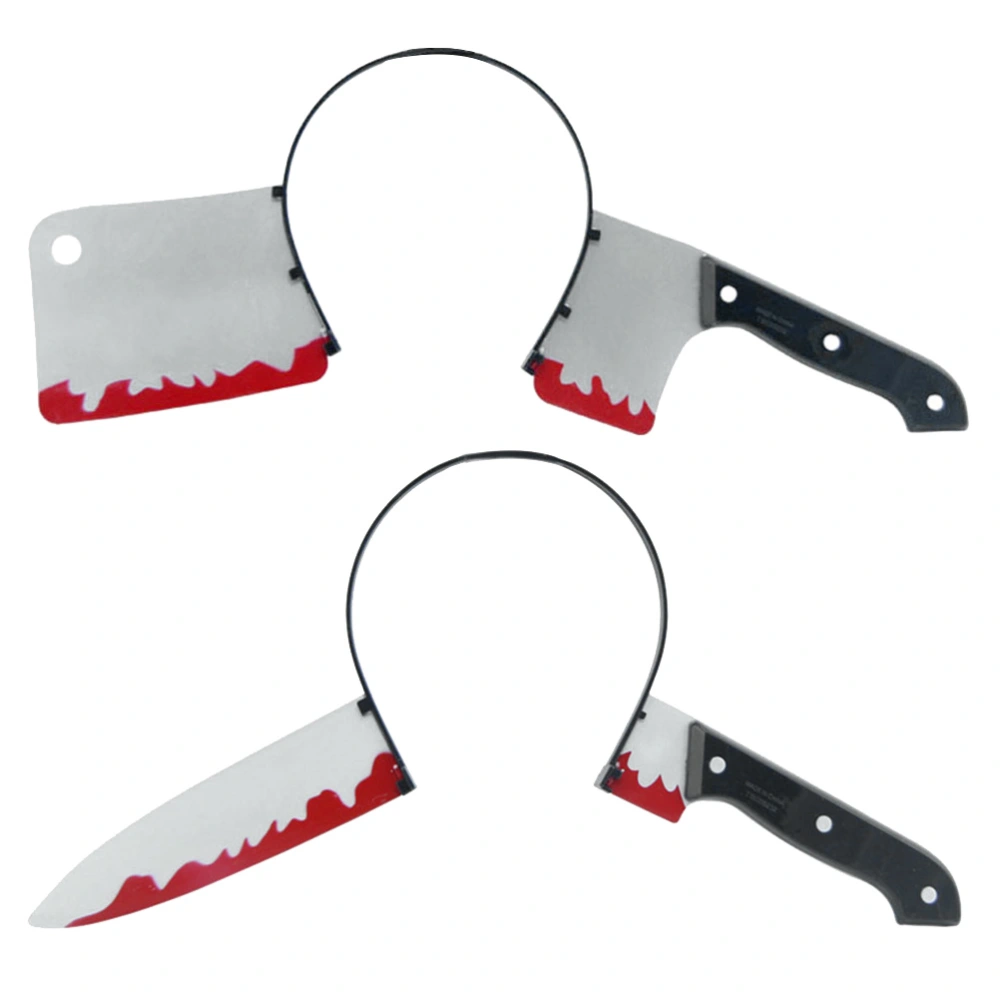 2pcs Funny Scary Halloween Props Through Head Bloody Headband Hairband Hair Horror Party Costume Accessories Trick Toy (Cleaver + Pointed Knife)