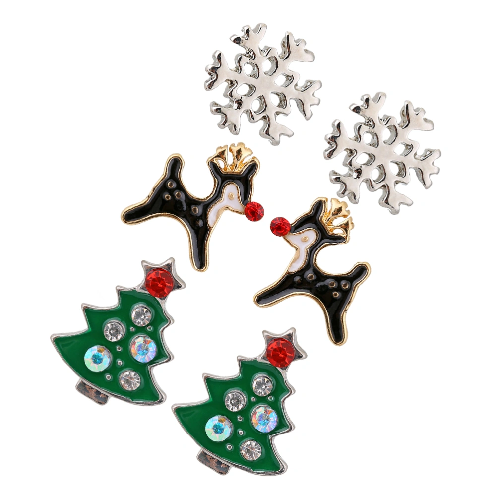 3 Pairs of Christmas Ear Studs Festive Elk Trees Snowflake Earrings Fashion Ear Jewelry for Women Girls