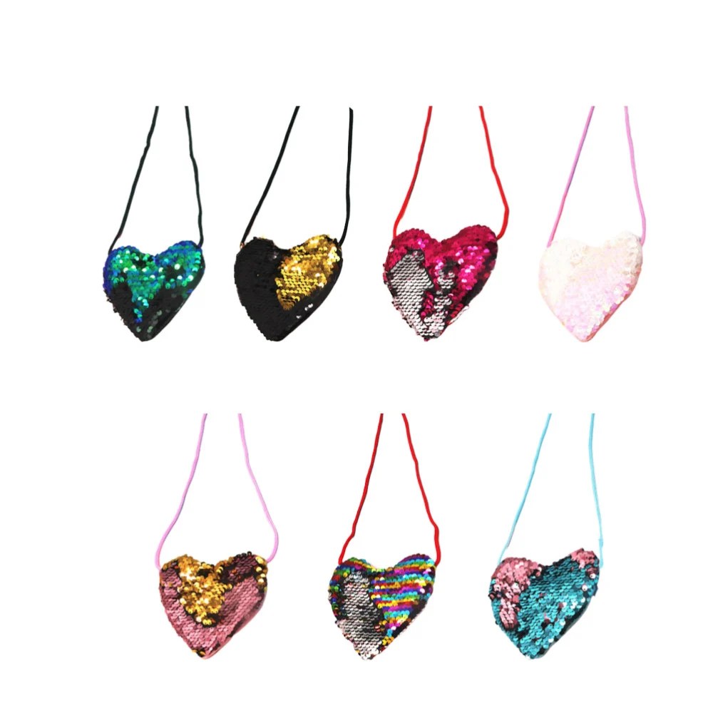 7 Pcs Kids Small Heart Bag Crossbody Pouch Sequins Shoulder Bag Coin Purse Creative Messenger Bag for Girls (Mixed Color)