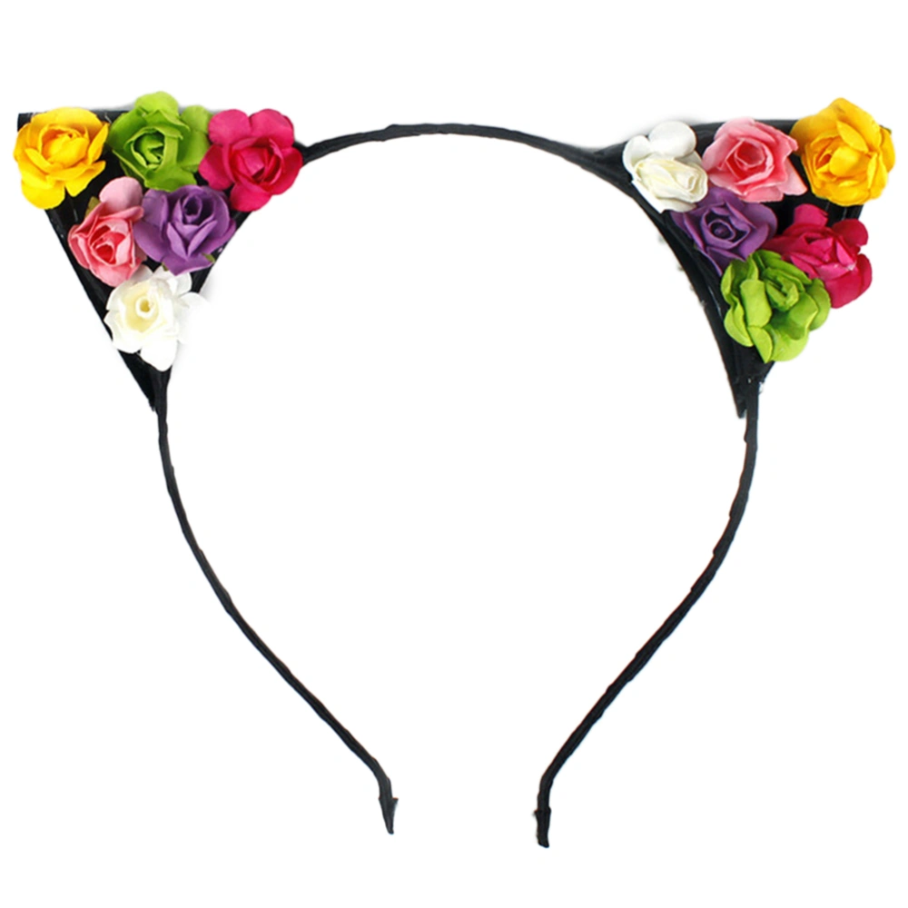 Cat Ears Headband Colorful Rose Flowers Hair Hoops Hairband Hair Accessories for Women Girls (Pattern A)