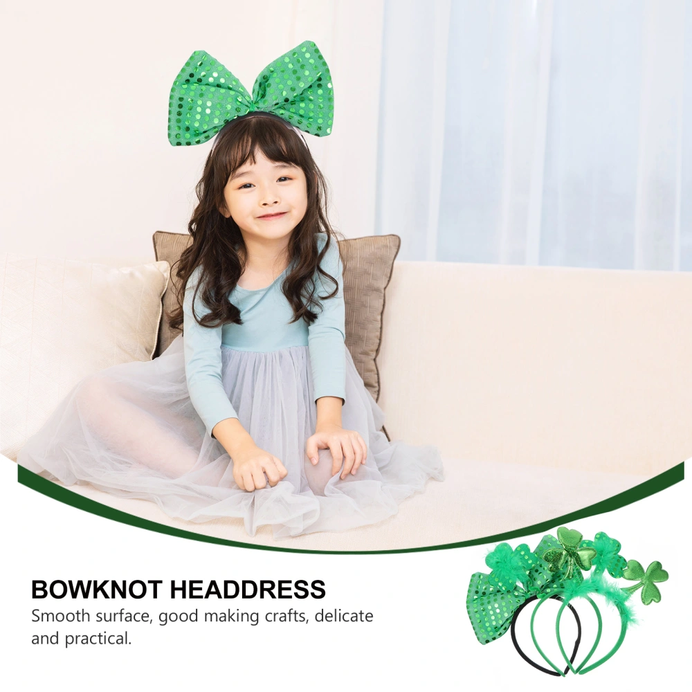 1 Set 3 Pcs St. Patrick's Day Sequin Bowknot Hairbands Clover Hair Bands (Green)