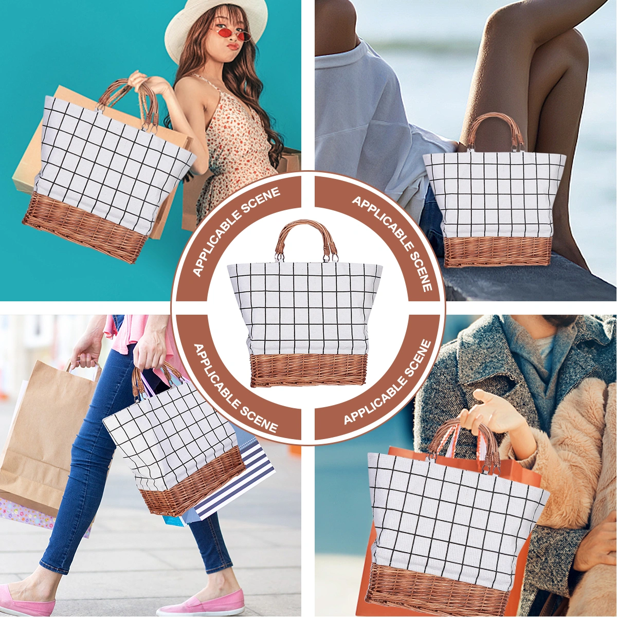 Women's Canvas Bag Fashion Shopping Bag Rattan Simple Canvas Tote Bag