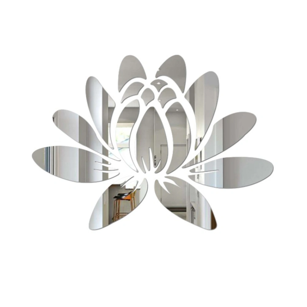 3D Lotus Acrylic Wall Sticker Removable Mirror Sticker Eco-friendly Wall Decals for Bedroom Living Room Bathroom Decoration(Silver)