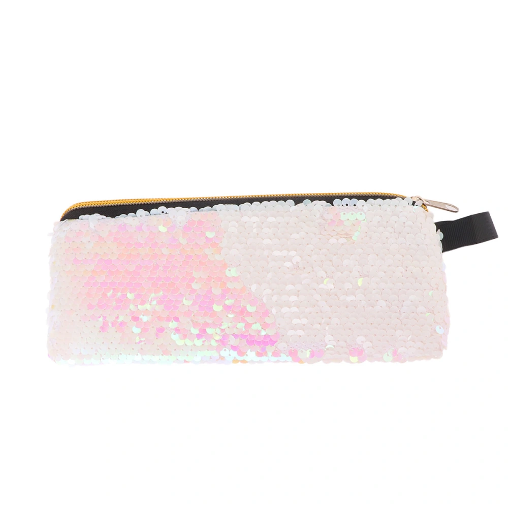 Creative Pencil Bag Shiny Sequins Pencil Pen Case Portable Sequins Zipper Handbag Stationery Storage Pouch Pinkish White