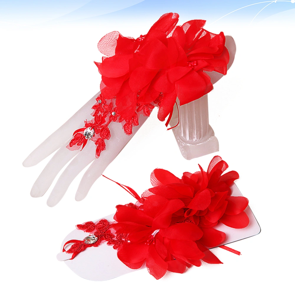 1 Pair of Korean Style Bride Gloves Flower Designed Wedding Gloves Rhinestone Women Gloves Red