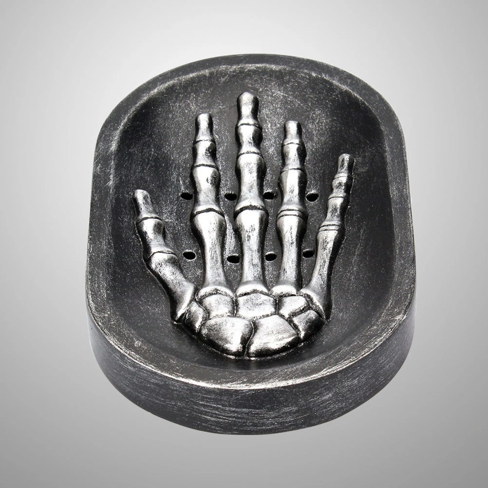 Gothic Skeleton Skull Hand Soap Dish Kitchen Bathroom Shower Soap Drainer Tray Holder Box Soap Storage Plate Tray (Black)