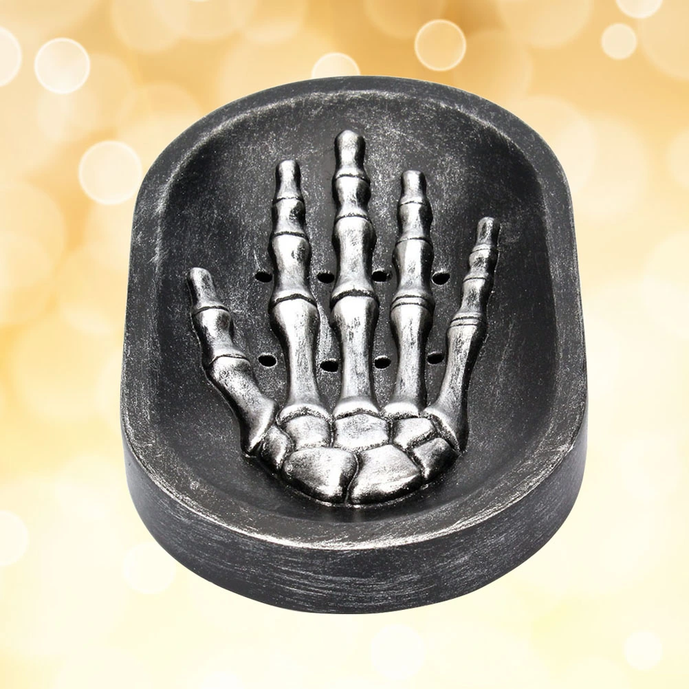Gothic Skeleton Skull Hand Soap Dish Kitchen Bathroom Shower Soap Drainer Tray Holder Box Soap Storage Plate Tray (Black)
