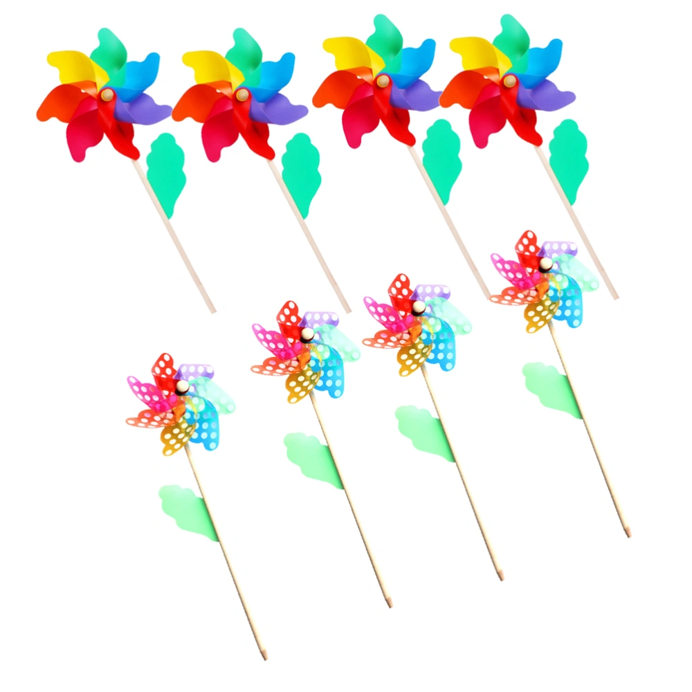 8pcs Plastic Rainbow Pinwheel DIY Windmill Colorful Wood Pole Windmill Toy for Kids Children (Mixed Pattern)