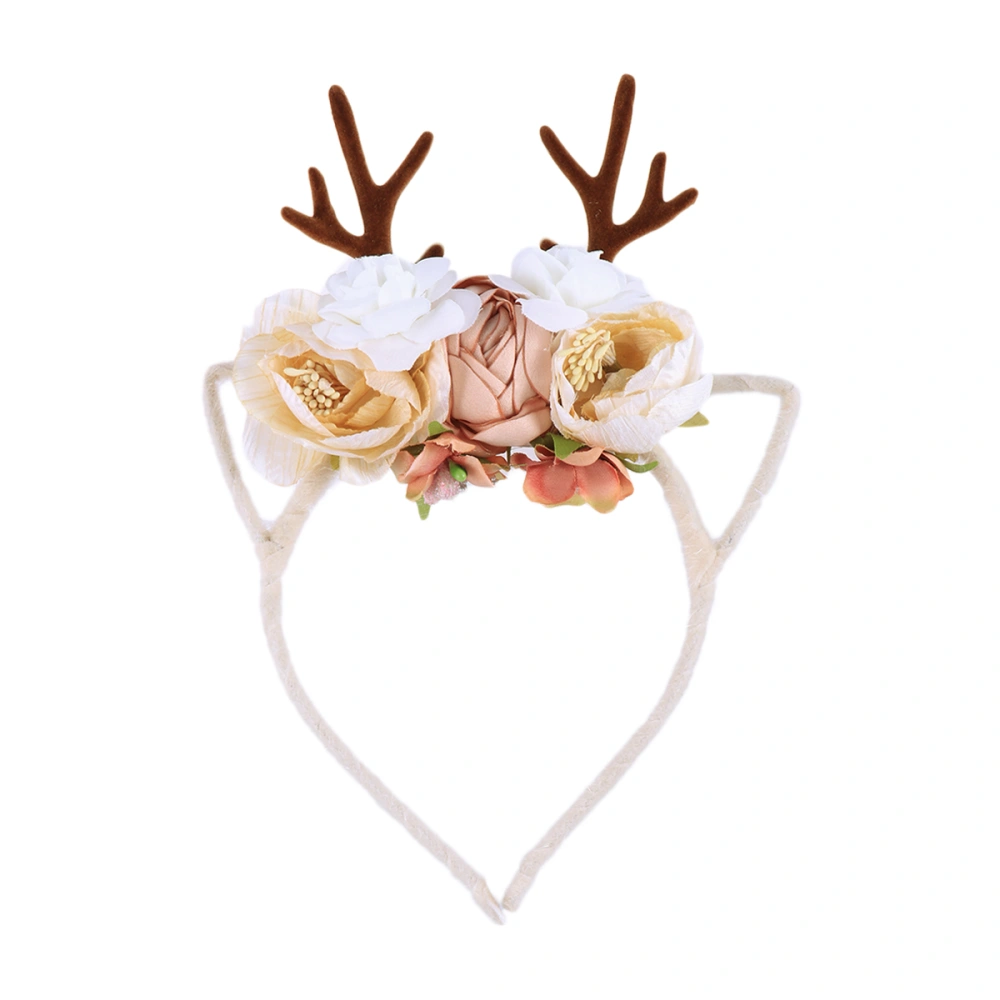 Novelty Christmas Antler Headband with Artificial Blossoms Elastic Hairhoop for Party (Random Style)