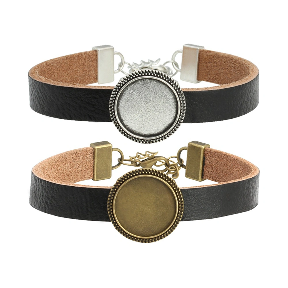 2PCS Leather Bracelet Adjustable Buckle Round Alloy Tray Wristband for Men Women