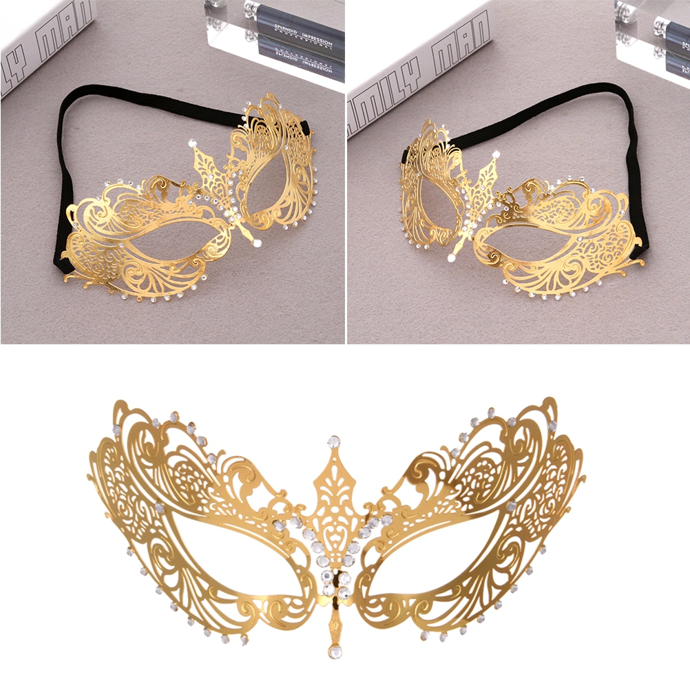 1PC Iron Half Face Mask Rhinestone Inlay Metal Mask Performance Props Party Supplies (Golden)