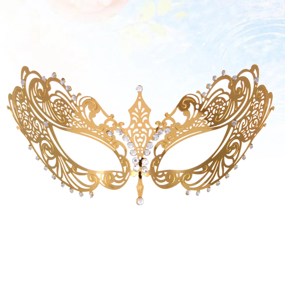 1PC Iron Half Face Mask Rhinestone Inlay Metal Mask Performance Props Party Supplies (Golden)