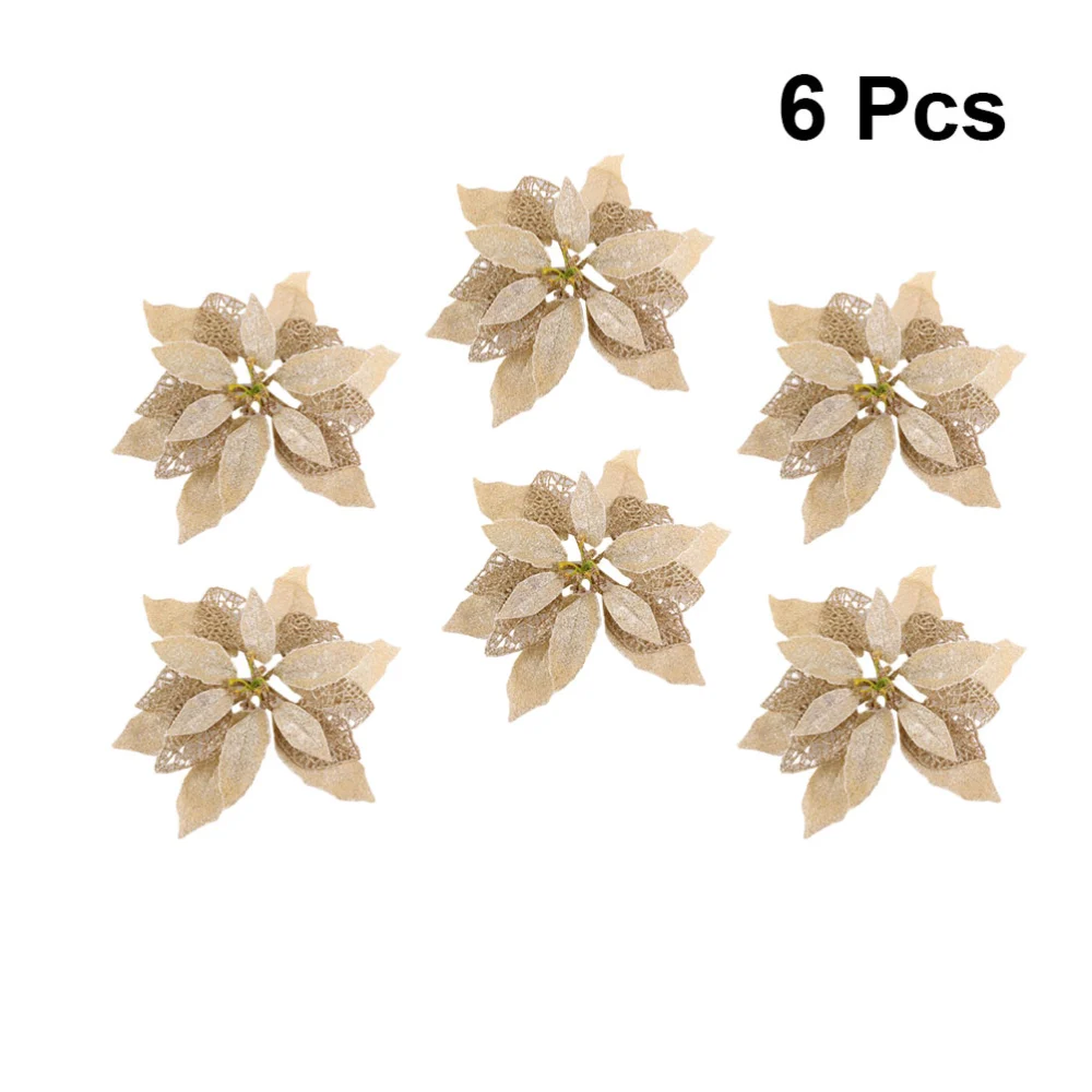 6pcs Christmas Pendant Artificial Flower Decoration DIY Christmas Ornament Glitter Fake Flower Adornment for Home Office Cafe Shop (Golden Style)