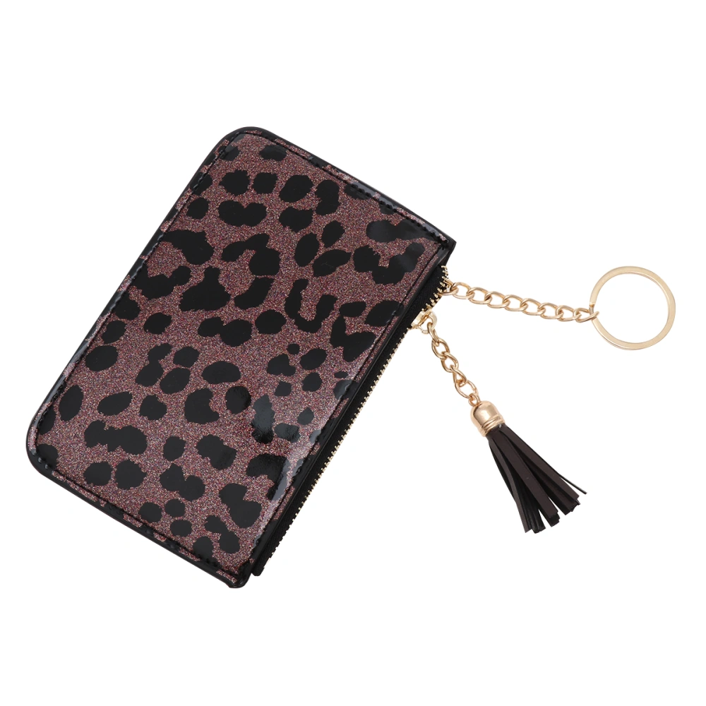 Women Wallet Spot Leopard Holder Lady Zipper Coin Purse with Key Chain (Brown)