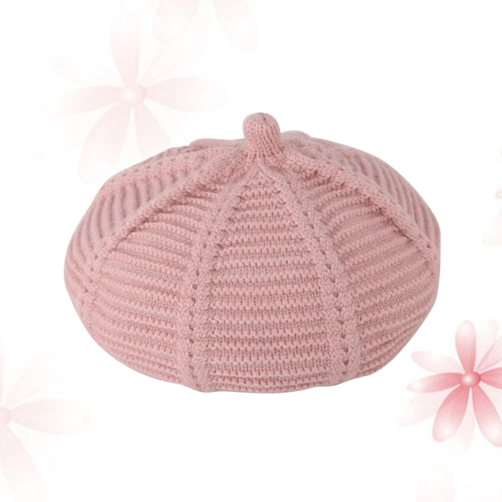 Pink Wool Weaving Kids Girls Berets Wool Hat Baby Solid Color Beanie for Autumn Winter