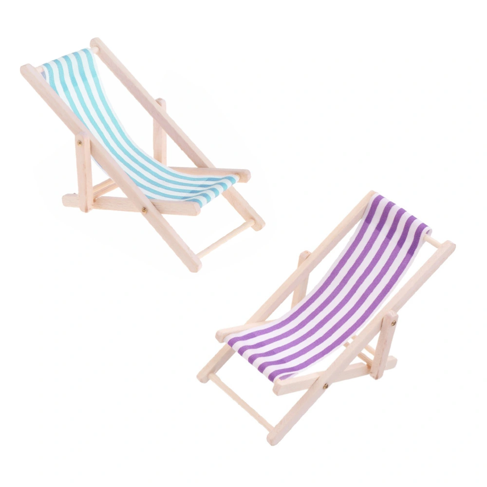 1 Set 1/12 Mini House Miniature Furniture Model Wooden Lounge Chair Beach Chair Set for Kids (Sky Blue 2pcs Lounge Chair and 1pc Foldable Beach Table)