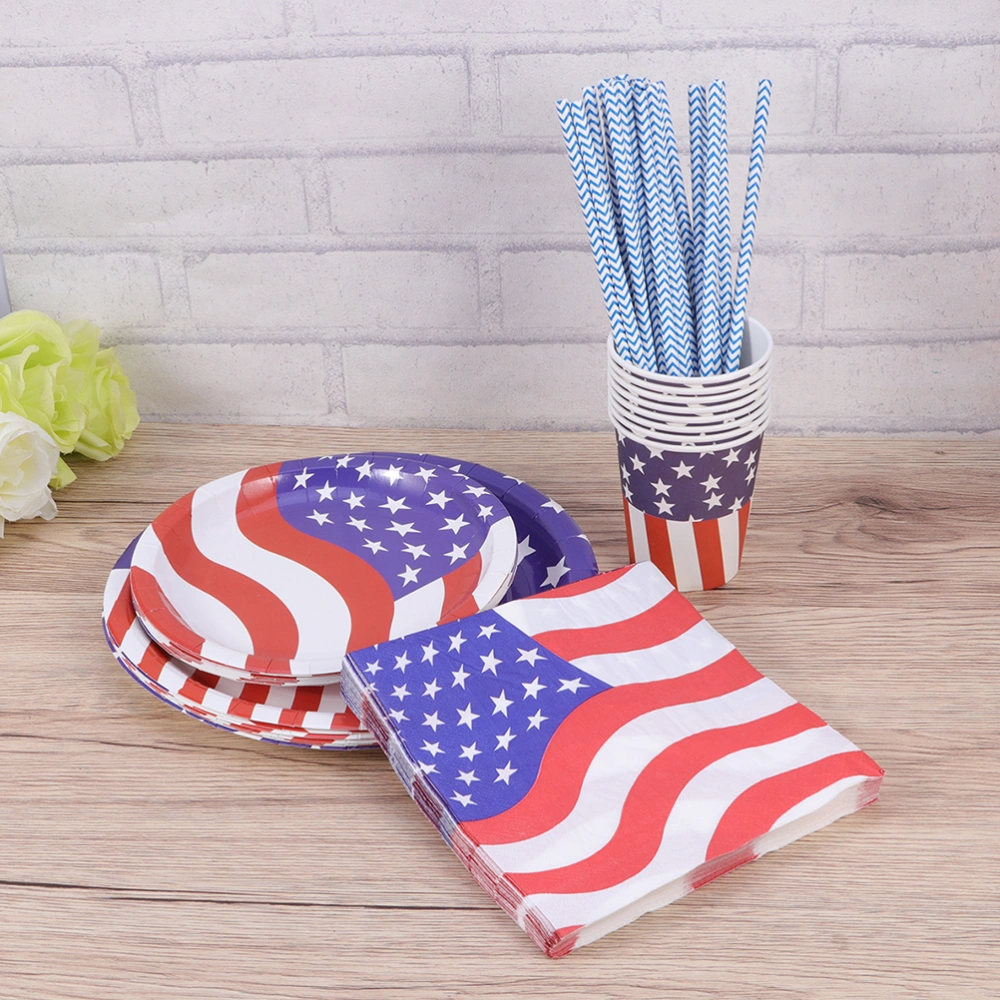 93pcs American Flag Paper Plate Cup Napkin Straw Cutlery Spoon Set Party Decorations for Independence Day Festival