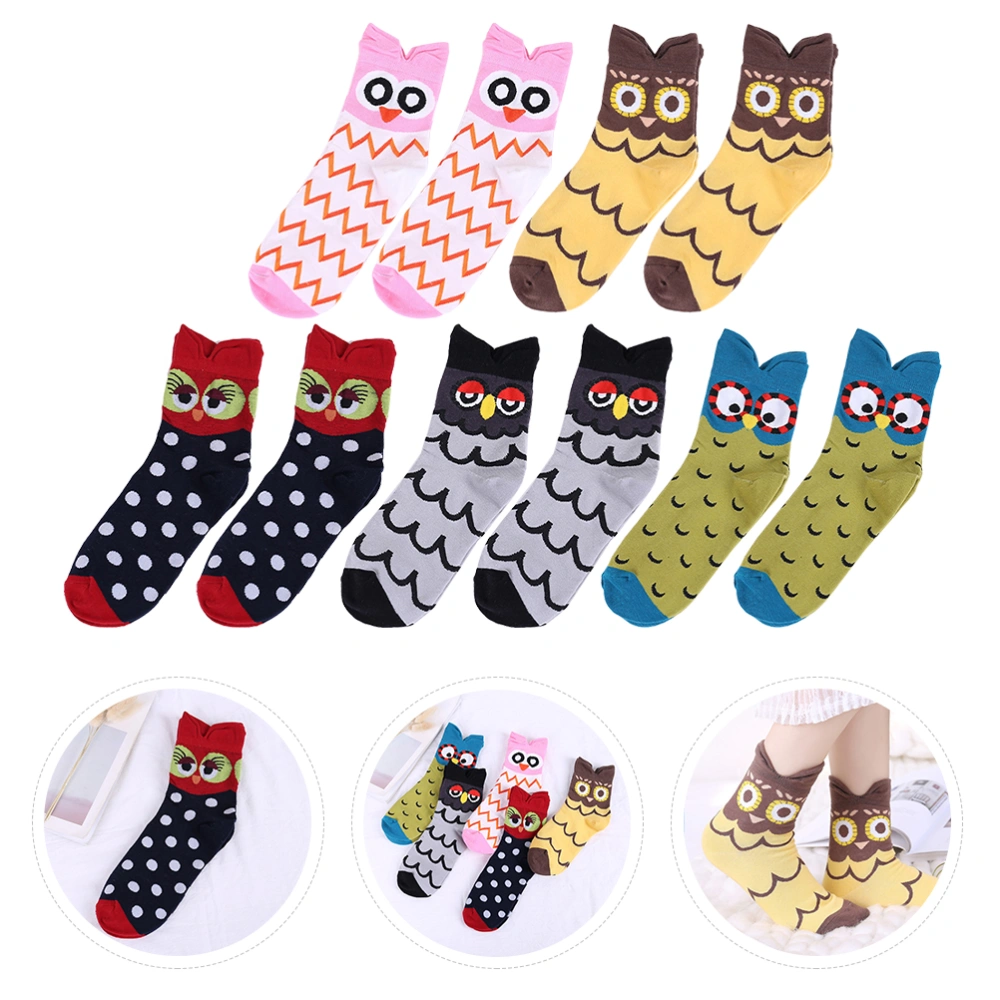 5 Pairs Cartoon Cotton Socks Middle Tube Socks Lovely Owl Socks for Ladies