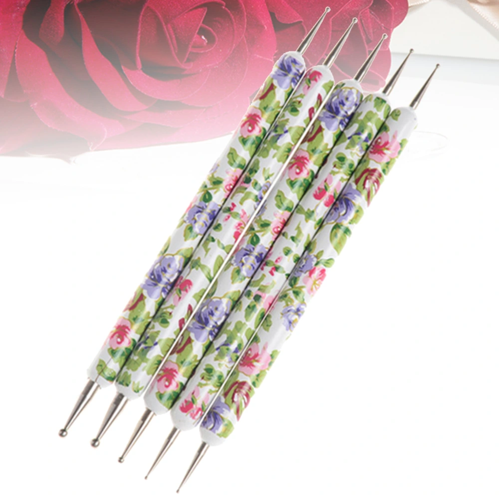 5pcs Printed Flowers Rod Nail Art Painting Pens Dual-end Pen Dotting Tools for Manicure Carving Modeling